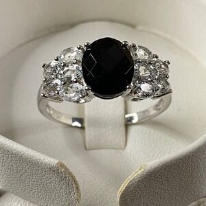 Black Spinel & White Topaz Ring 925 Silver Cocktail Statement Oval Gemstone Sz12